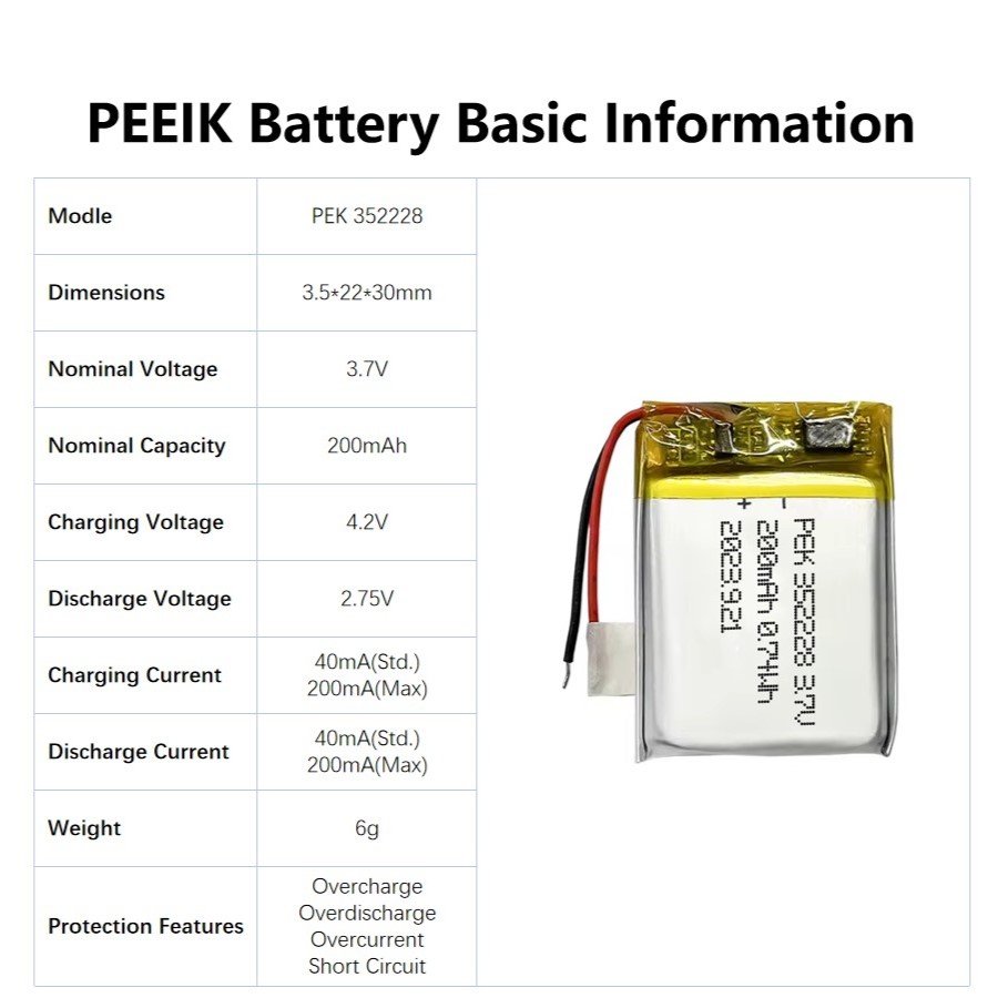 352228 200mAh 3.7V High-performance Batteries Long Battery Life Electronic Smoke Detector Digital Glucometer