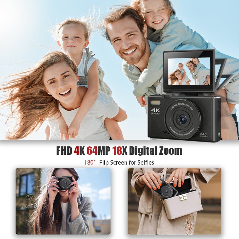 Kids Camera 18X Zoom 64MP 4K Digital Camera for Photography Small Point and Shoot Compact Camera