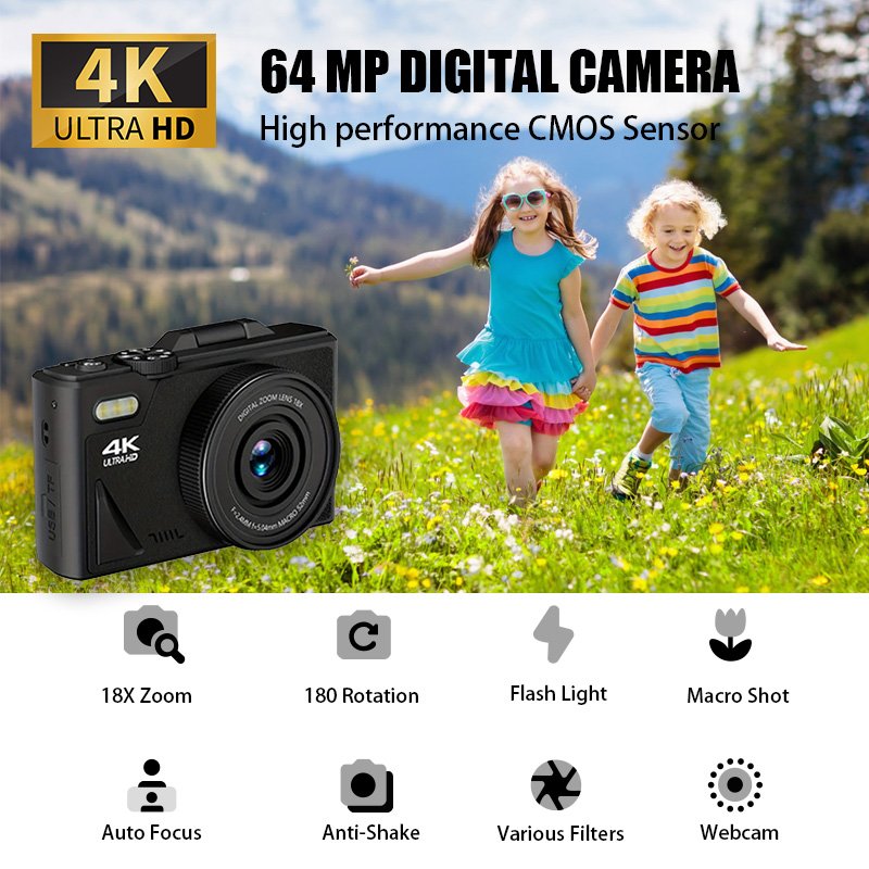 Kids Camera 18X Zoom 64MP 4K Digital Camera for Photography Small Point and Shoot Compact Camera