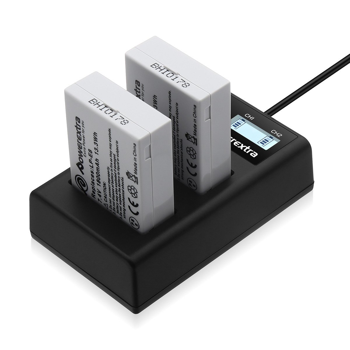 Powerextra LP-E8 2 Pack LPE8 Battery Smart LCD Display Dual USB Charger For Canon Rebel T3i T2i 600D 550D Kiss X5 Digital Camera
