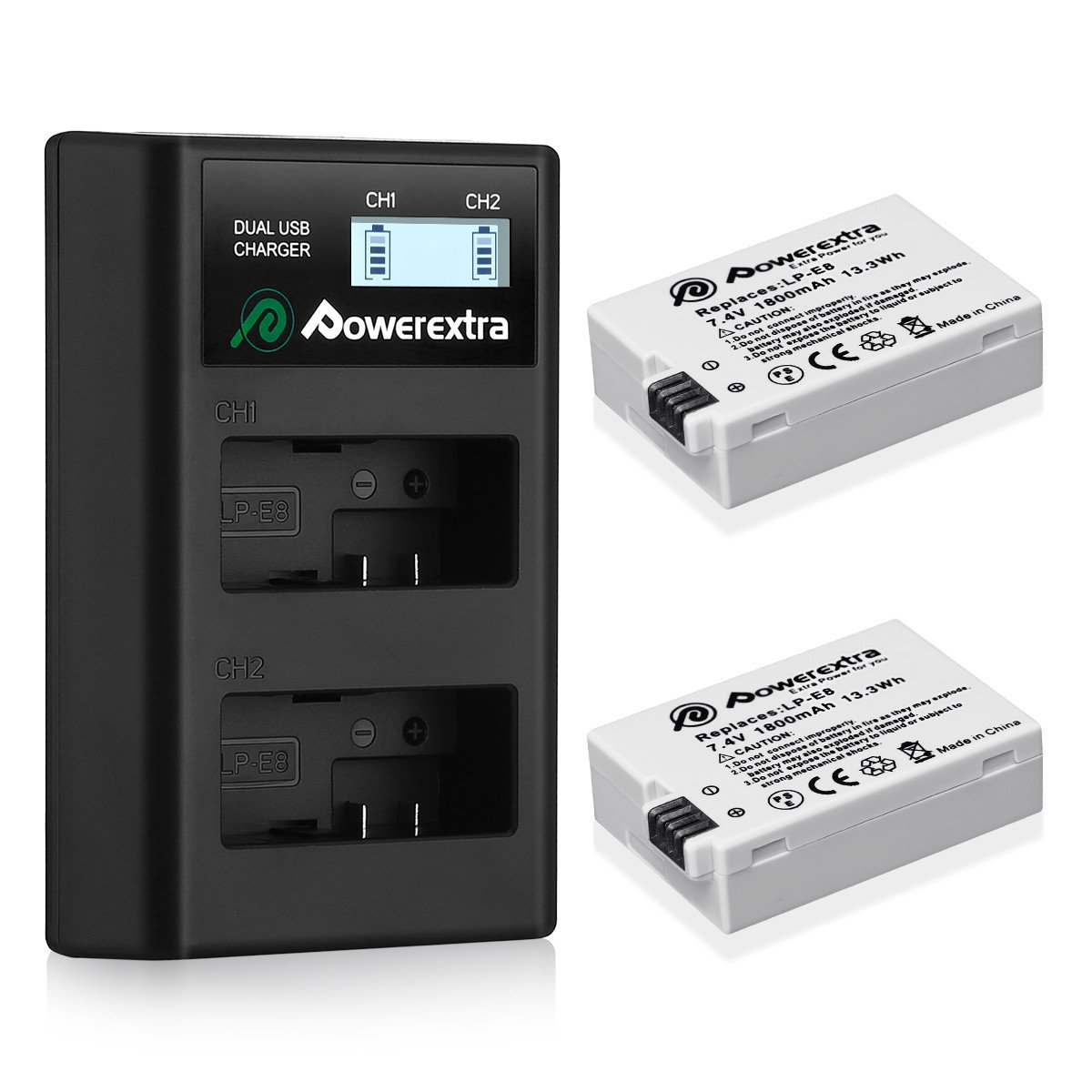 Powerextra LP-E8 2 Pack LPE8 Battery Smart LCD Display Dual USB Charger For Canon Rebel T3i T2i 600D 550D Kiss X5 Digital Camera