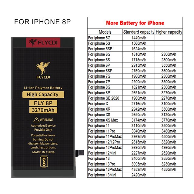 FLYCDI High Capacity Mobile Phone Battery Cell Phone Rechargeable Digital Batteries For Iphone 8P Battery
