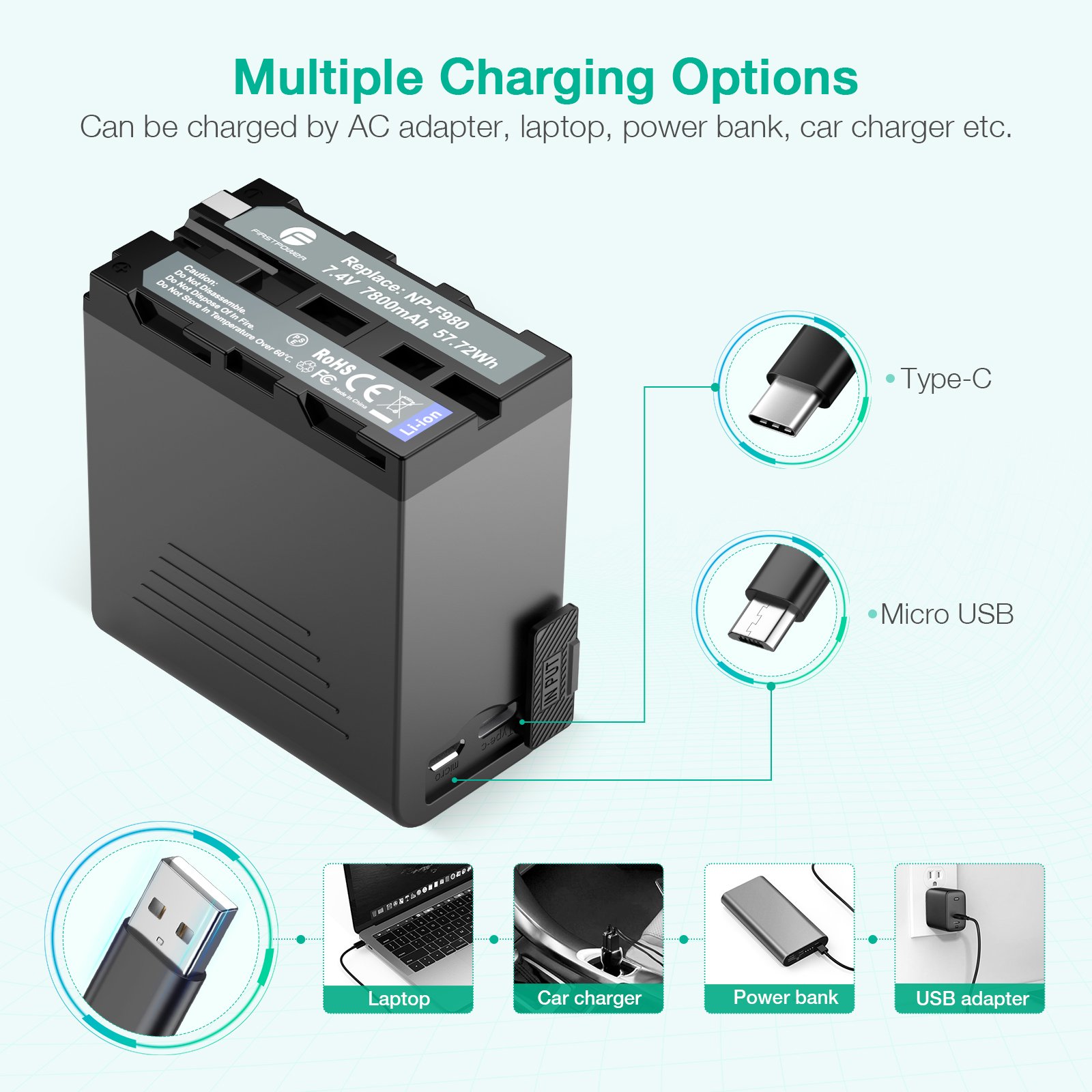 Powerextra Camera Battery Packs NP-F980 7800mA 7.4v USB Lithium ion Rechargeable Batteries For Sony NP-F970