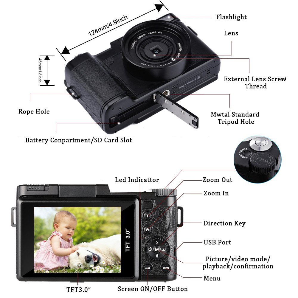 2.7K Digital Vlogging Camera HD 30MP Cameras Compact Flip Screen Autofocus Camcorder for Photography
