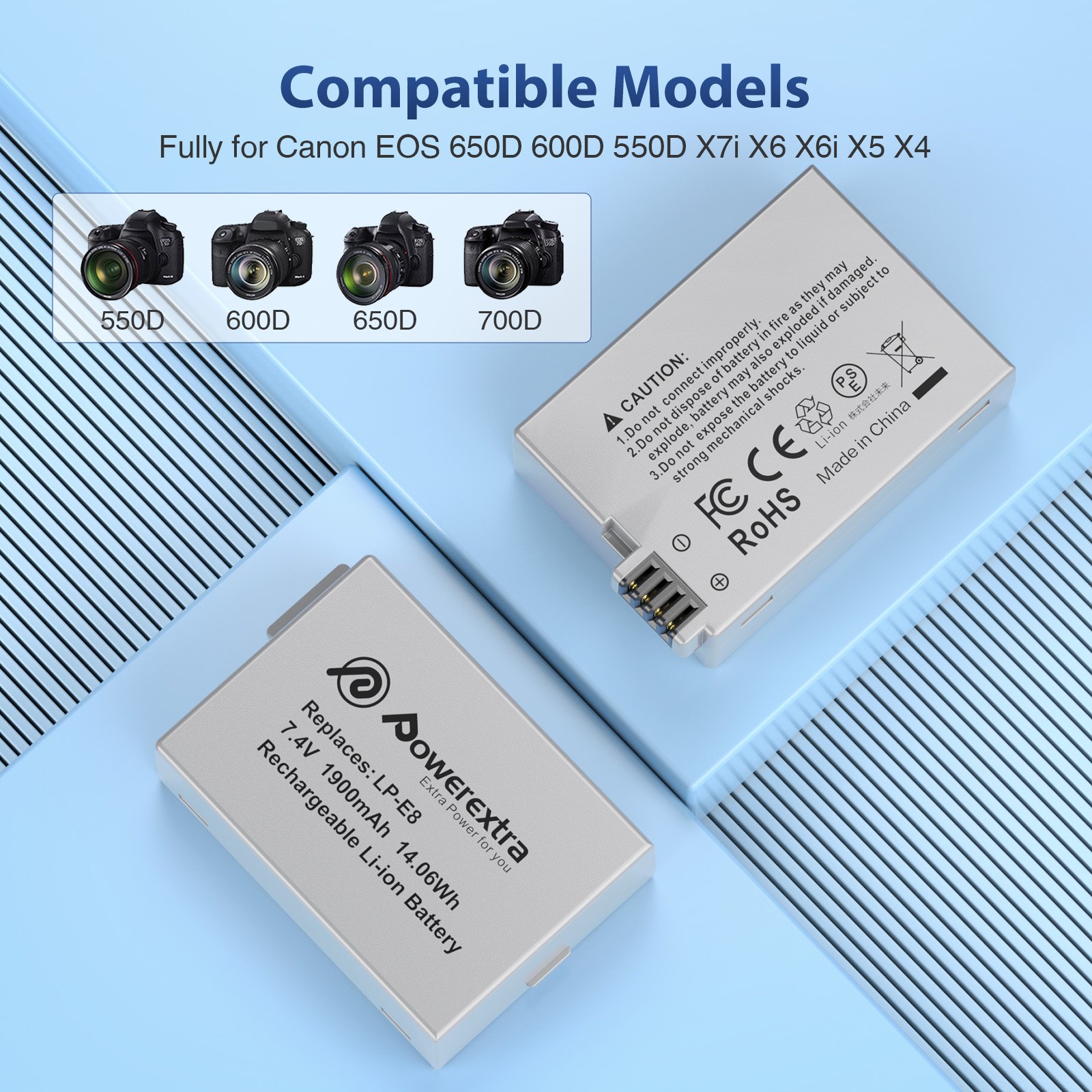 Powerextra 7.4V 1900mAh Li-ion LP-E8 Rechargeable Batteries Replacement For Canon EOS 650D 600D 550D Camera Battery Pack