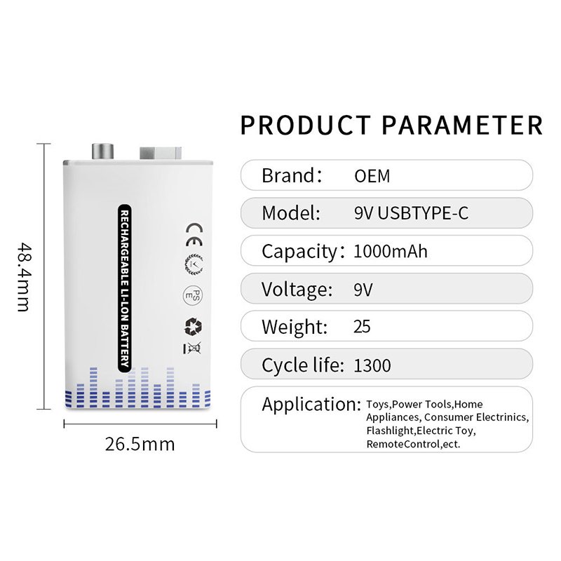 Wholesale 9V USB Rechargeable Lithium Battery Set For Multimeter Measuring Instrument Body Temperature Fast Charging