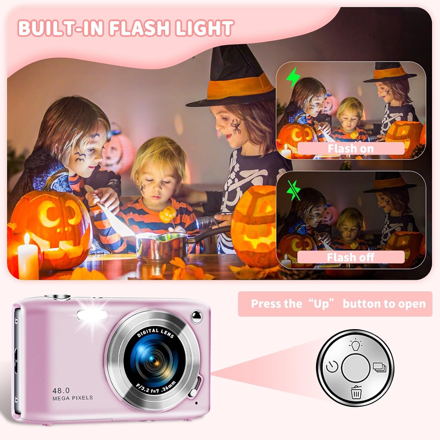 Digital Camera, FHD 4K Point and Shoot Camera with 2.88" 48MP 4K Video,, Macro Mode,Compact Beginner Camera for Teens, Pink 32G
