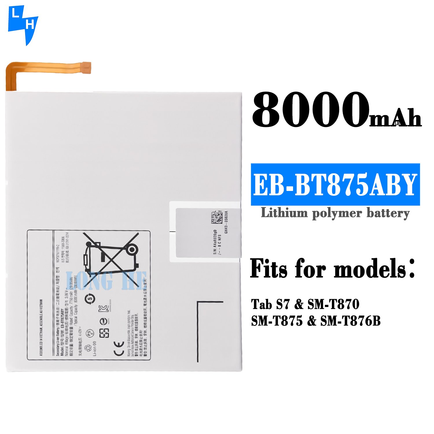 Brand new real capacity tablet digital battery replacement EB-BT875ABY for Samsung Galaxy Tab S7 SM--T870 3.85V 8000mAh