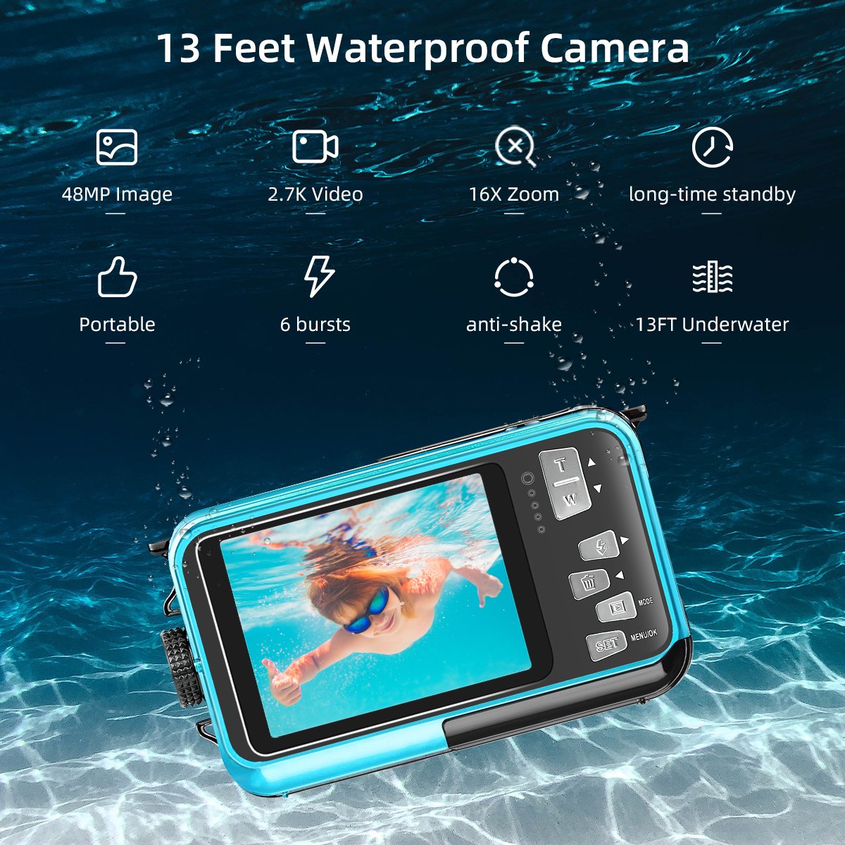 HD 2.7K 48MP Waterproof Underwater Digital Camera 2.7 Inch and 1.8-Inch Dual Screen Portable Fool Snorkeling Camera for Swimming