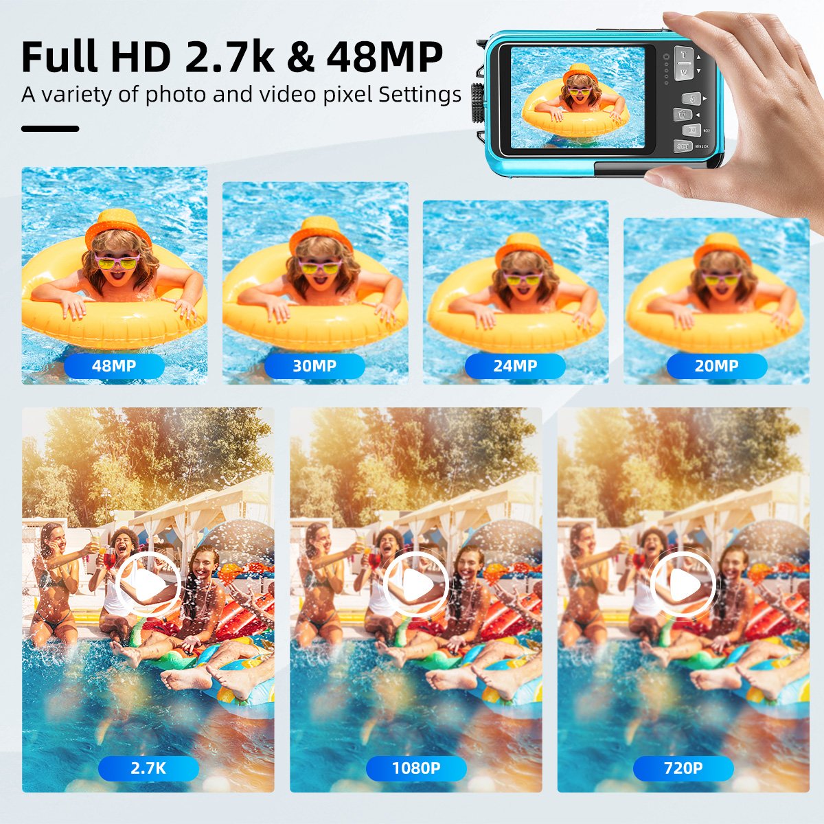 HD 2.7K 48MP Waterproof Underwater Digital Camera 2.7 Inch and 1.8-Inch Dual Screen Portable Fool Snorkeling Camera for Swimming