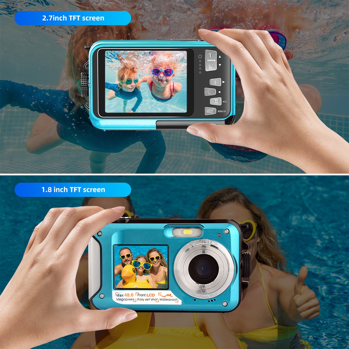 HD 2.7K 48MP Waterproof Underwater Digital Camera 2.7 Inch and 1.8-Inch Dual Screen Portable Fool Snorkeling Camera for Swimming