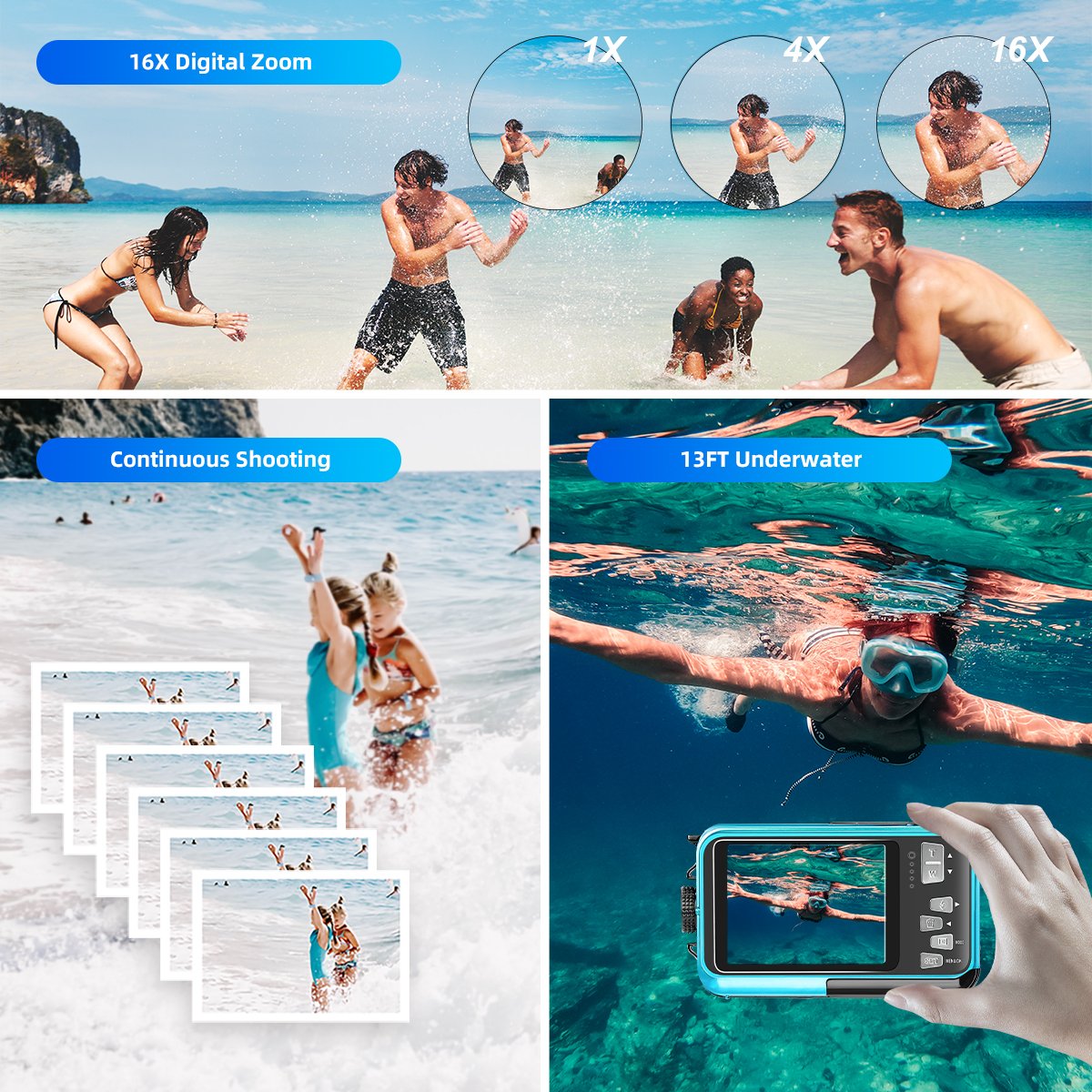 HD 2.7K 48MP Waterproof Underwater Digital Camera 2.7 Inch and 1.8-Inch Dual Screen Portable Fool Snorkeling Camera for Swimming