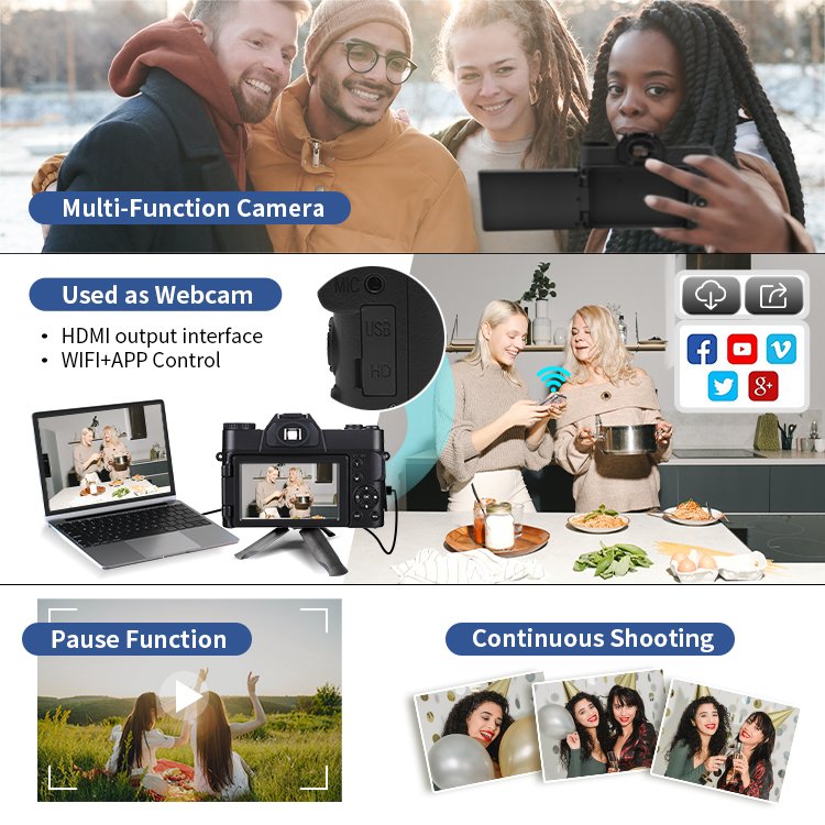 FHD 4K Wifi Digital Camera 48MP 3" 180 Degree LCD Flip Screen Point and Shoot Camera with 16X Zoom Anti-Shake Selfie Cameras