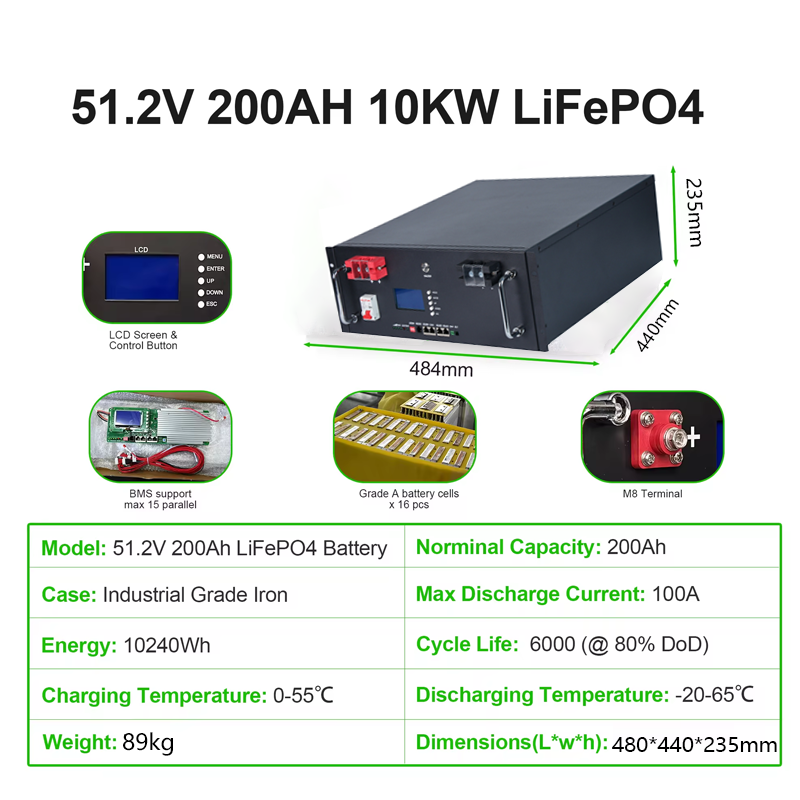 48V Solar Rechargeable Inverter Battery with BMS Lithium ion Phosphate Cell Pack 51.2V 100Ah 200Ah 5kw 10kw LiFePO4 Battery