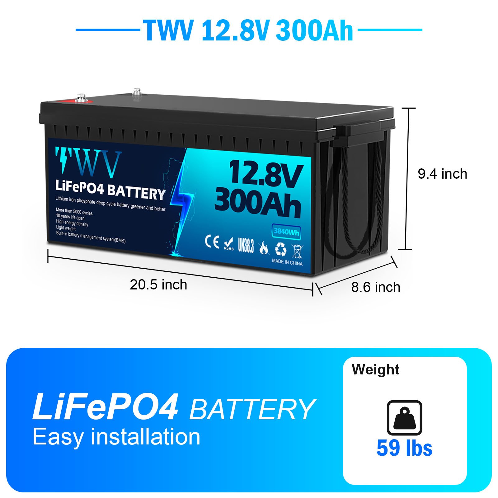 Lifepo4 battery Caravan Battery 12.8v 300AH Upgraded replacement of lead-acid batteries