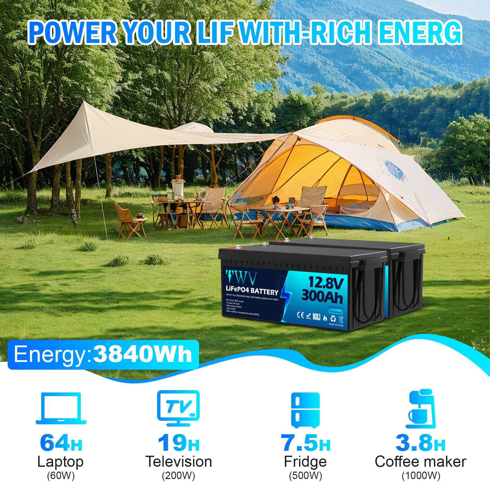 Lifepo4 battery Caravan Battery 12.8v 300AH Upgraded replacement of lead-acid batteries
