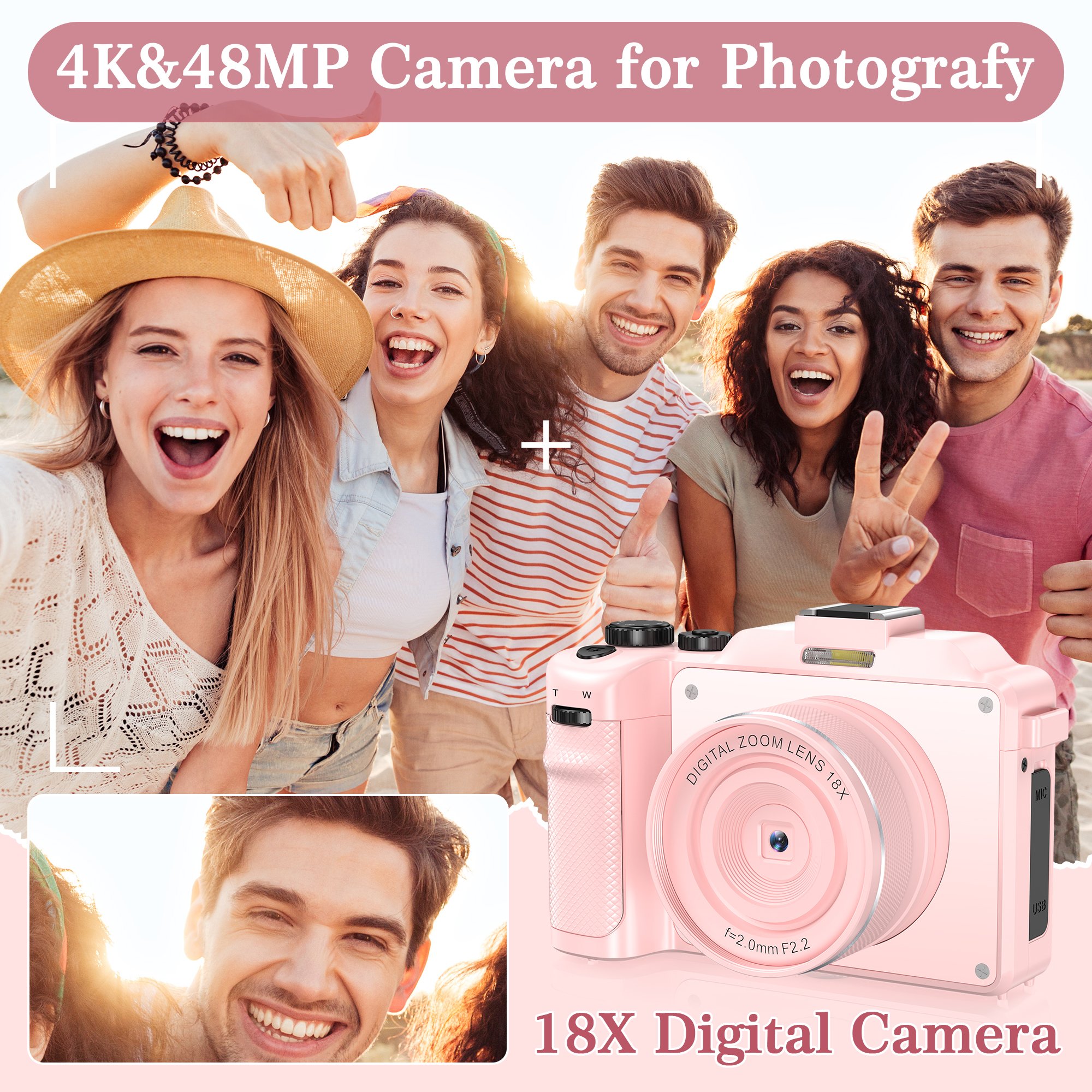 4K Digital Camera with 32GB Card 48MP Point and Shoot Video Cameras 18X Zoom Portable Small Vlog Camera Gift