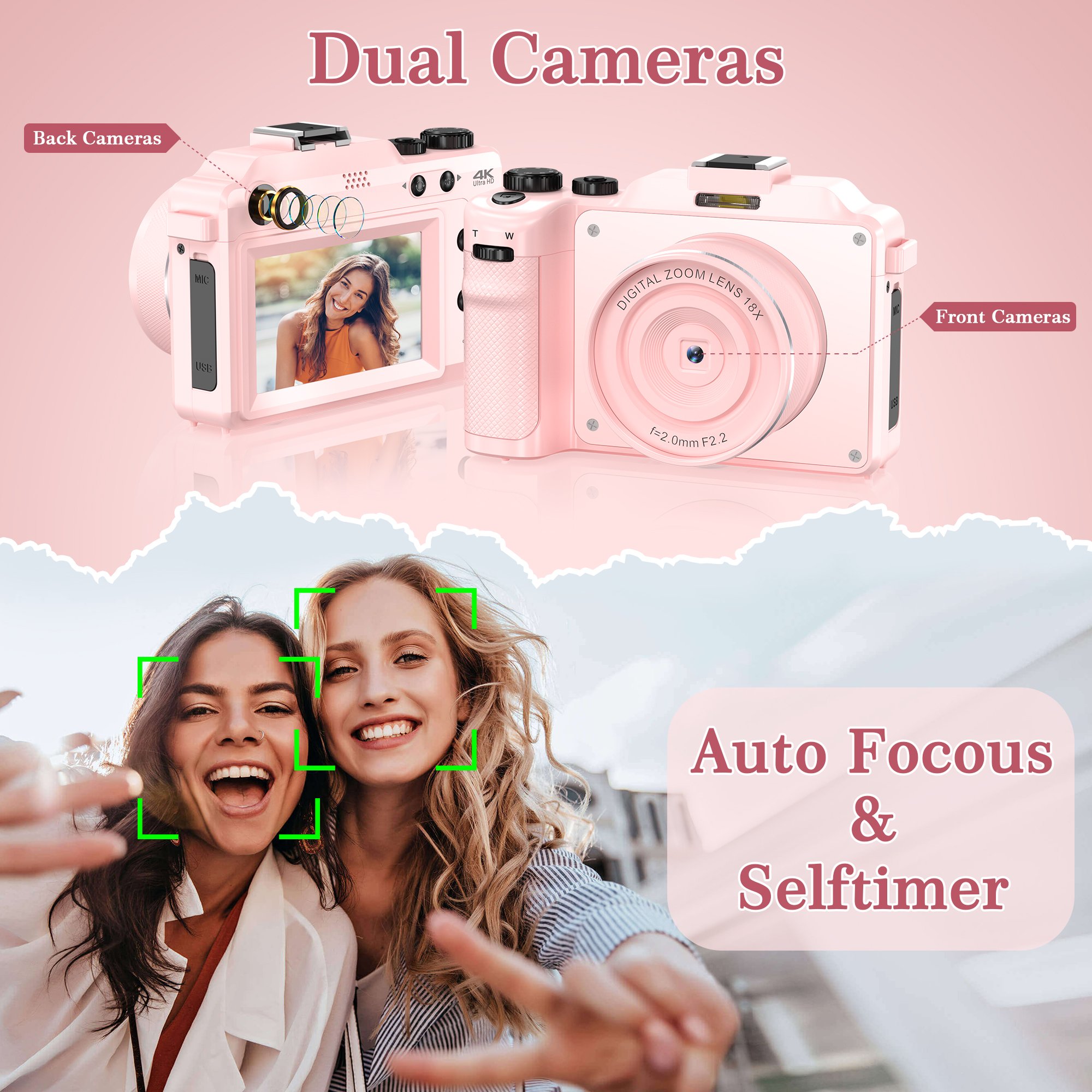 4K Digital Camera with 32GB Card 48MP Point and Shoot Video Cameras 18X Zoom Portable Small Vlog Camera Gift