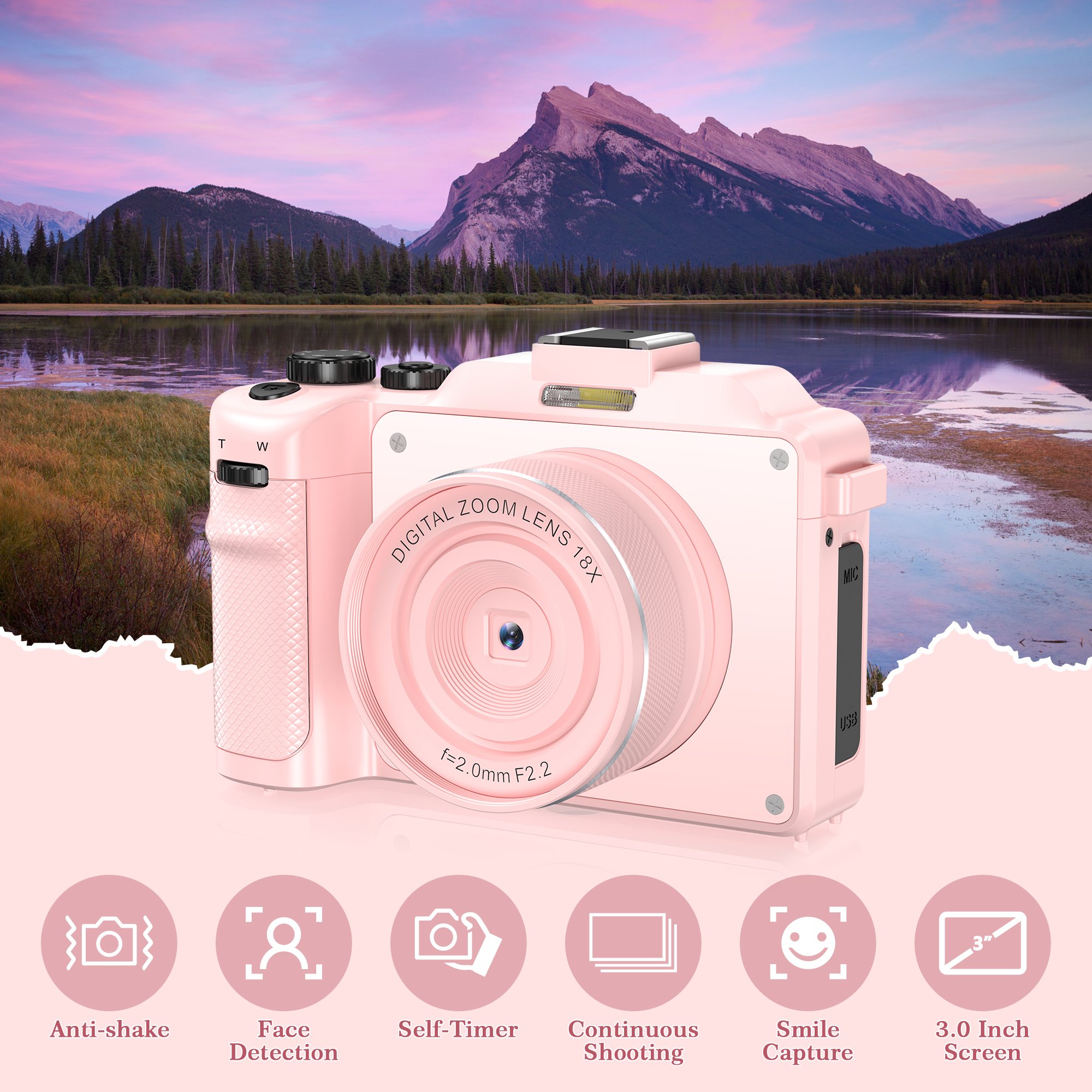 4K Digital Camera with 32GB Card 48MP Point and Shoot Video Cameras 18X Zoom Portable Small Vlog Camera Gift