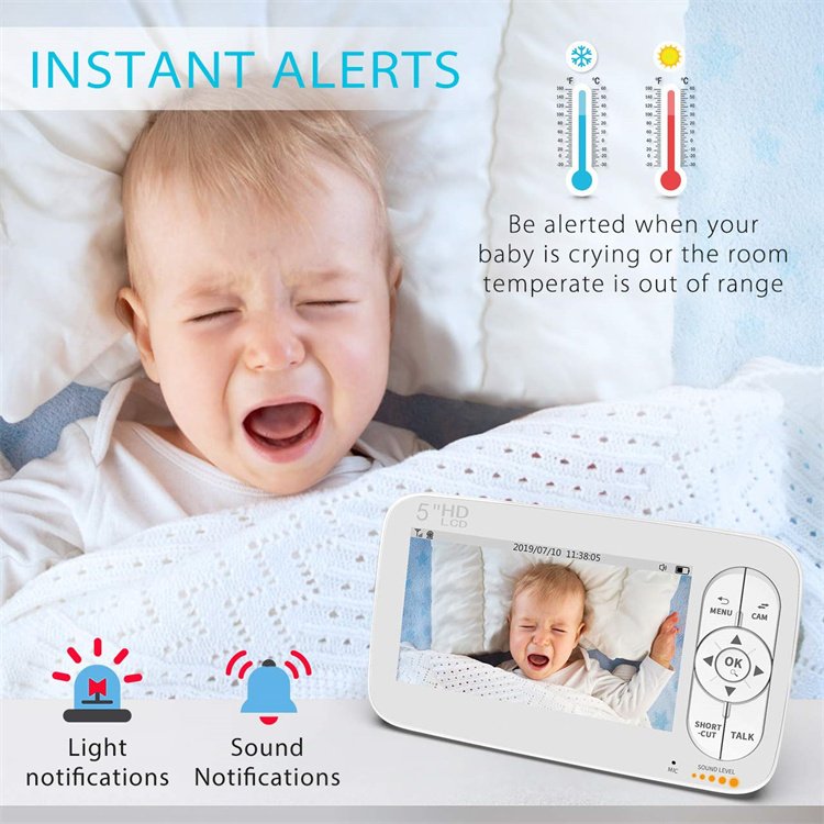 Clear Night Vision Temperature Detection Expandable Digital Video Baby Monitor Camera Wireless with 5 inch handheld Monitor