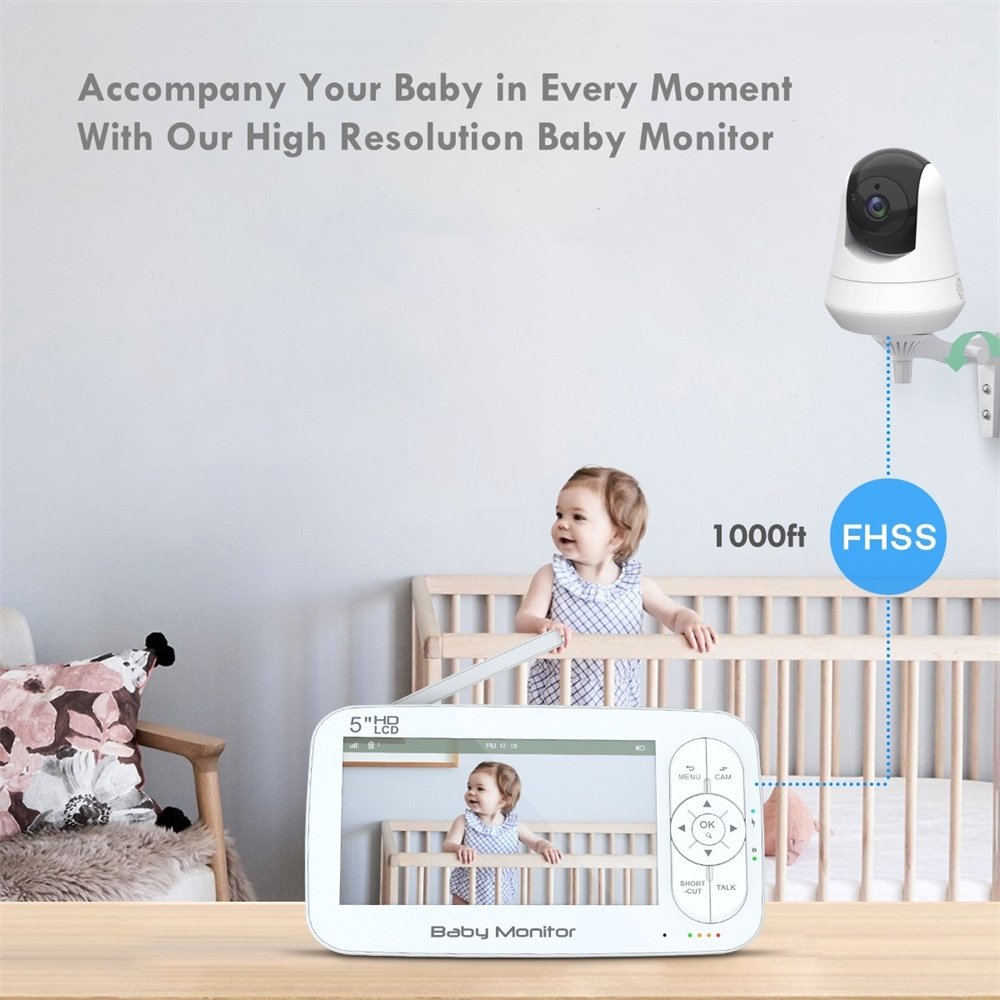 Clear Night Vision Temperature Detection Expandable Digital Video Baby Monitor Camera Wireless with 5 inch handheld Monitor