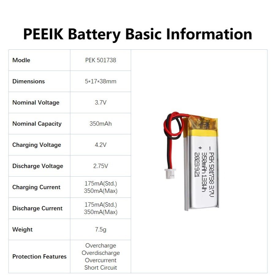 PEEIK 501738 350mAh 3.8V High-quality Batteries support customization Eco-friendly Battery Digital Camera Mini Fan