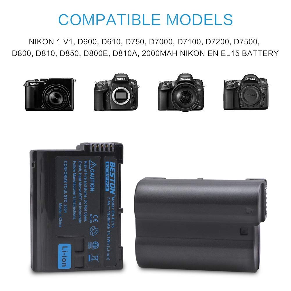 Beston 7.4V 2000mAh replacement EN-EL15 Rechargeable Lithium Battery for NIK D750 D7000 D7100 D800 D610
