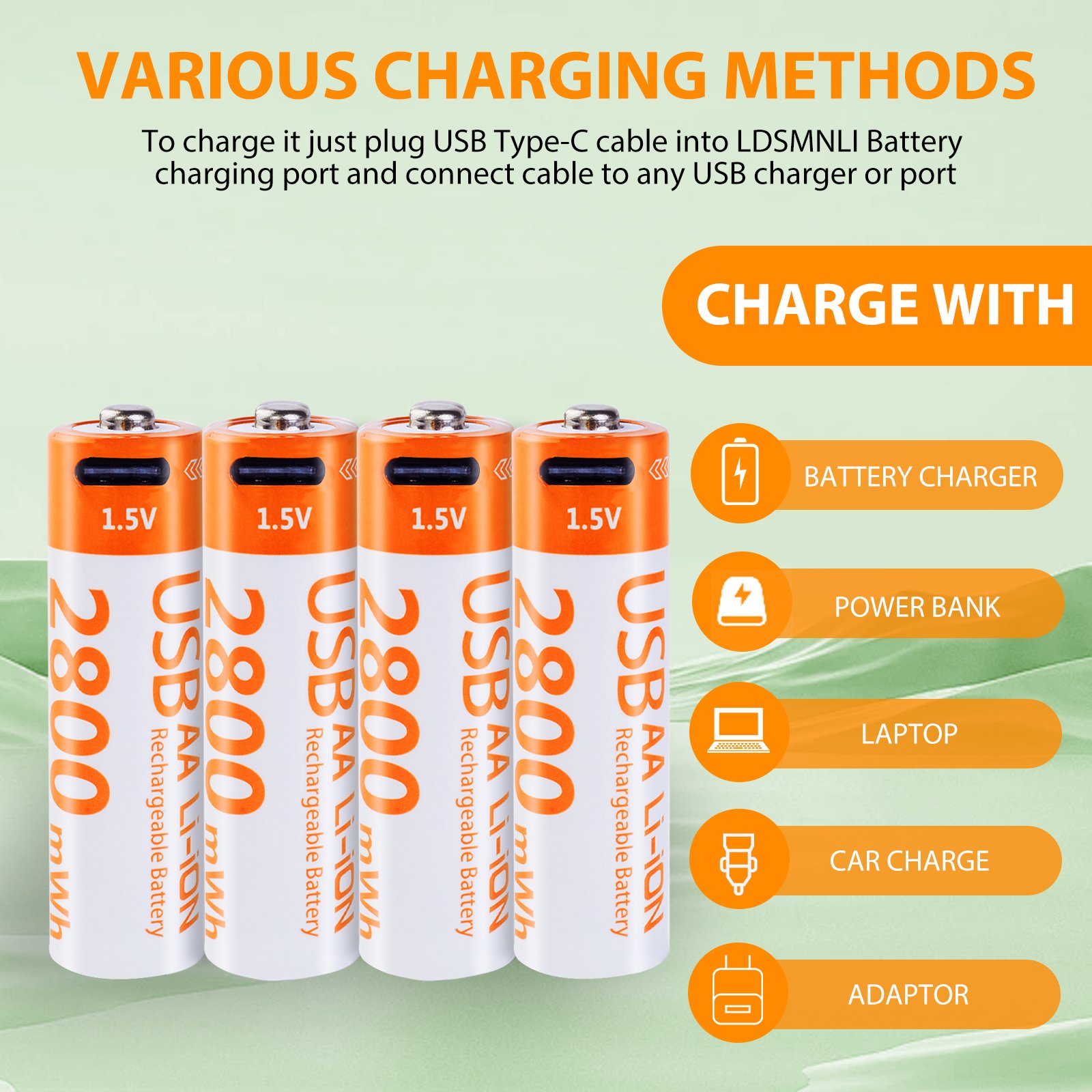 Mini 1.5 Volt Rechargeable Lithium Ion Battery 2800mAH AA Type-C Charging for Smart Lock Remote and Toys Storage