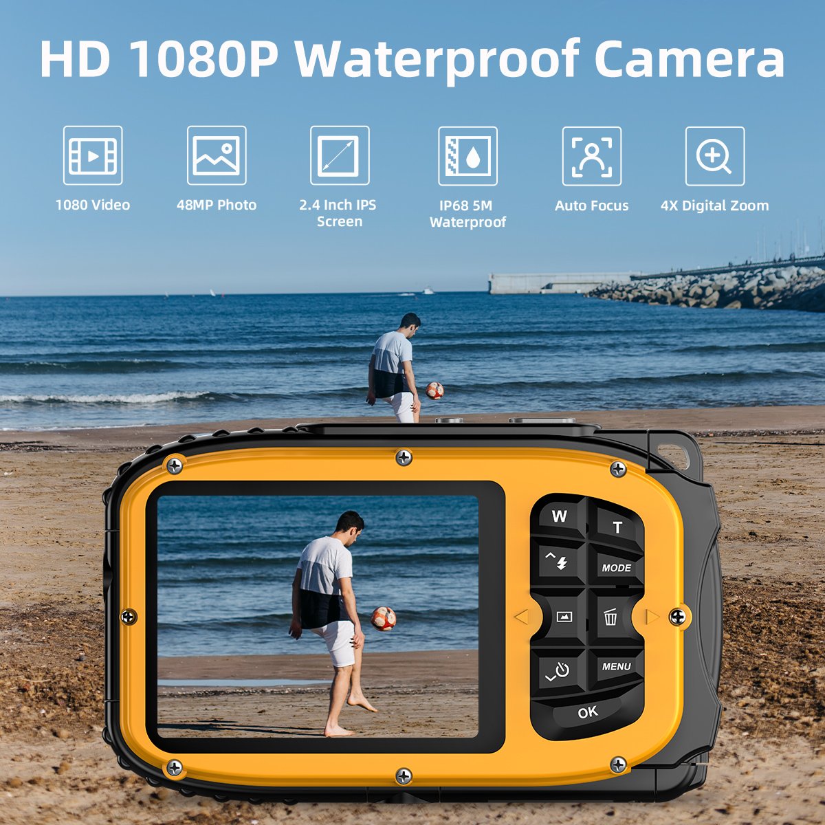 HD 1080P Waterproof Camera 2.4'' Screen IP68 5M Waterproof Auto Focus 4X Digital Zoom Underwater Camera for Snorkeling (Yellow)