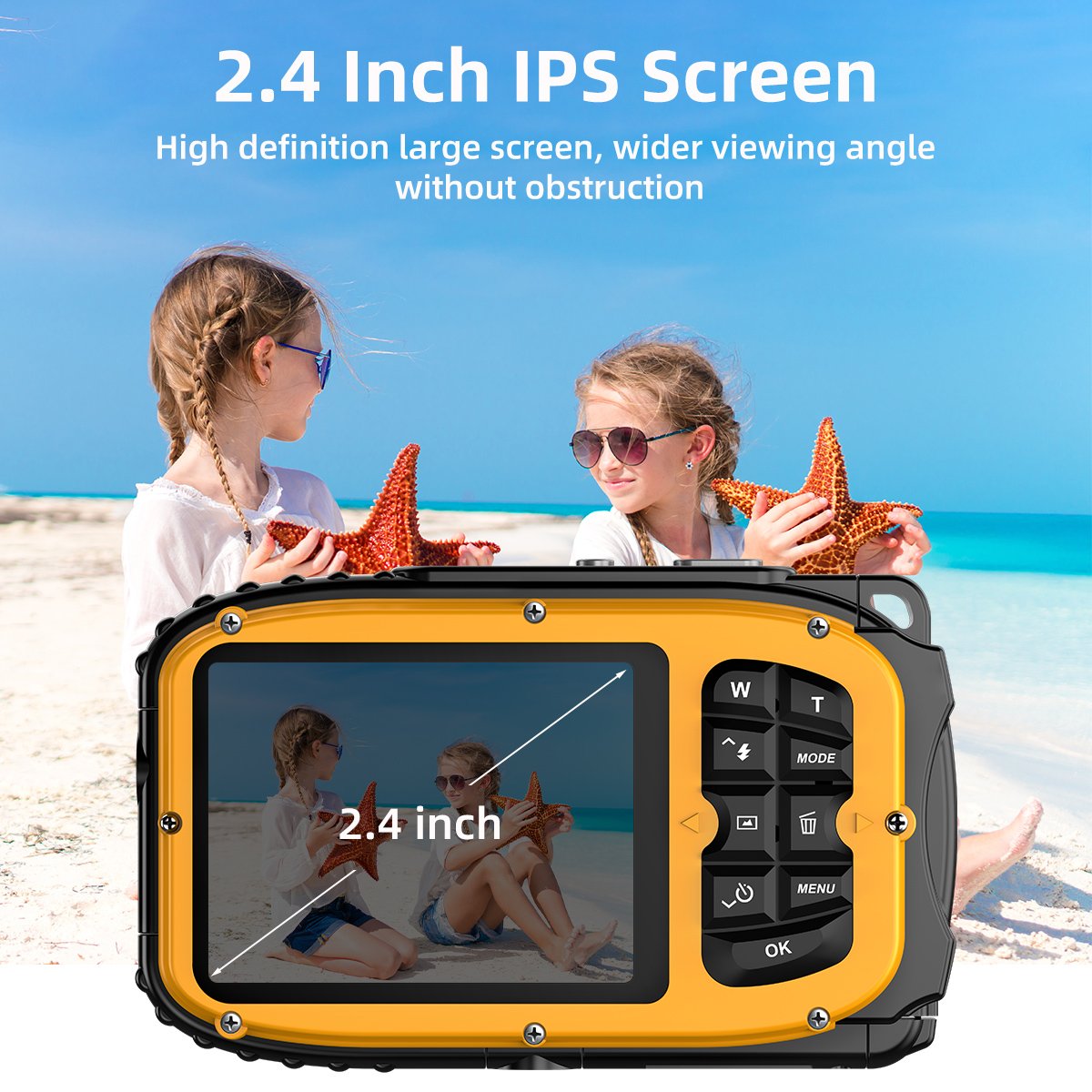 HD 1080P Waterproof Camera 2.4'' Screen IP68 5M Waterproof Auto Focus 4X Digital Zoom Underwater Camera for Snorkeling (Yellow)