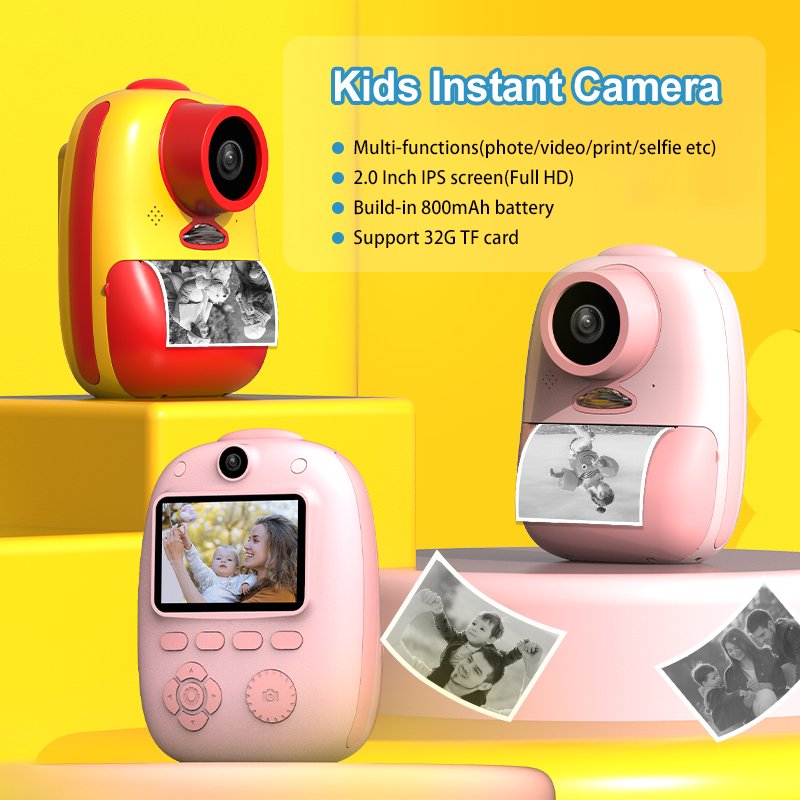 instant printing camera for children 1080P 2 inches screen, toy camera with 800mAh battery