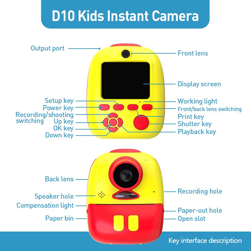instant printing camera for children 1080P 2 inches screen, toy camera with 800mAh battery