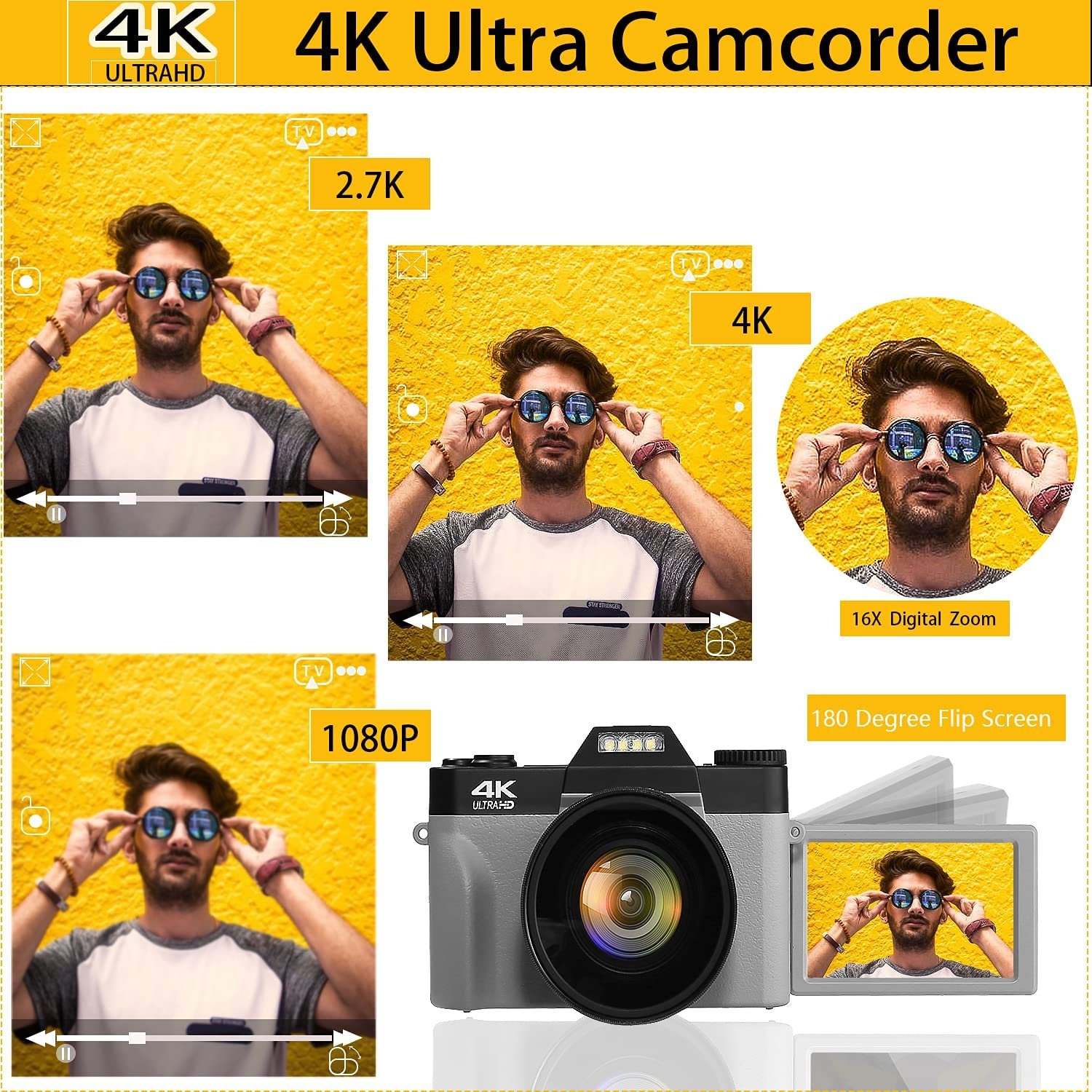 4K Digital Camera 16X Digital Zoom Vlogging Camera Video Camcorder Wide Angle Lens for YouTube