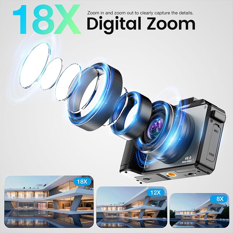 4K Digital Camera 48MP with 18X Zoom Kids Camera with 32GB Card for Teens and Beginners Point and Shoot Camera