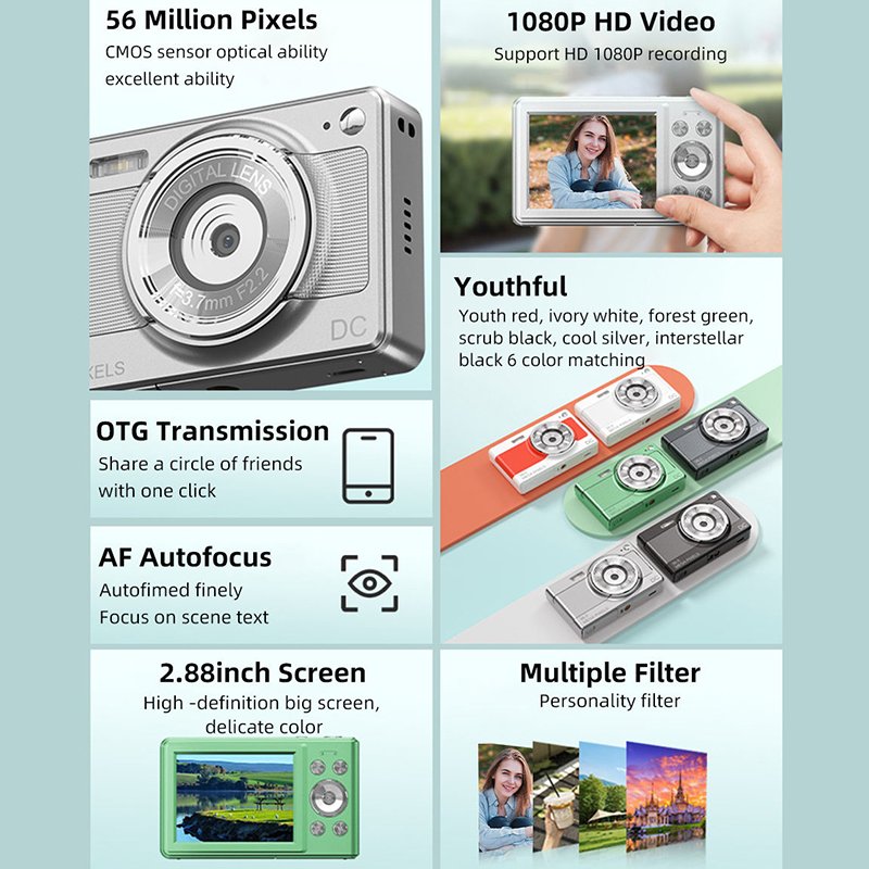 Compact Kids Camera - 1080P HD 5.6MP 16X Zoom Auto Focus 2.88" IPS Screen Camera Point and Shoot