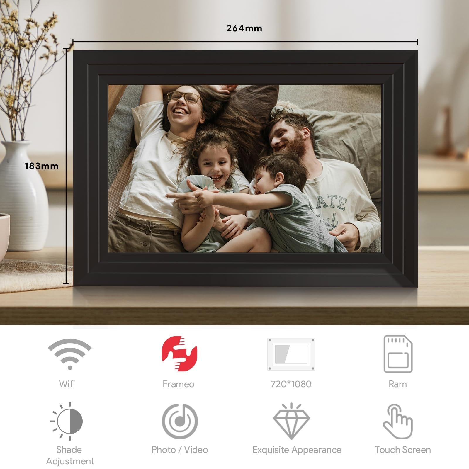 Automatic Picture Rotation Digital Picture Frame WLAN 10.1 Inch HD IPS Touch Screen Electronic Picture Frame with 32 GB Memory