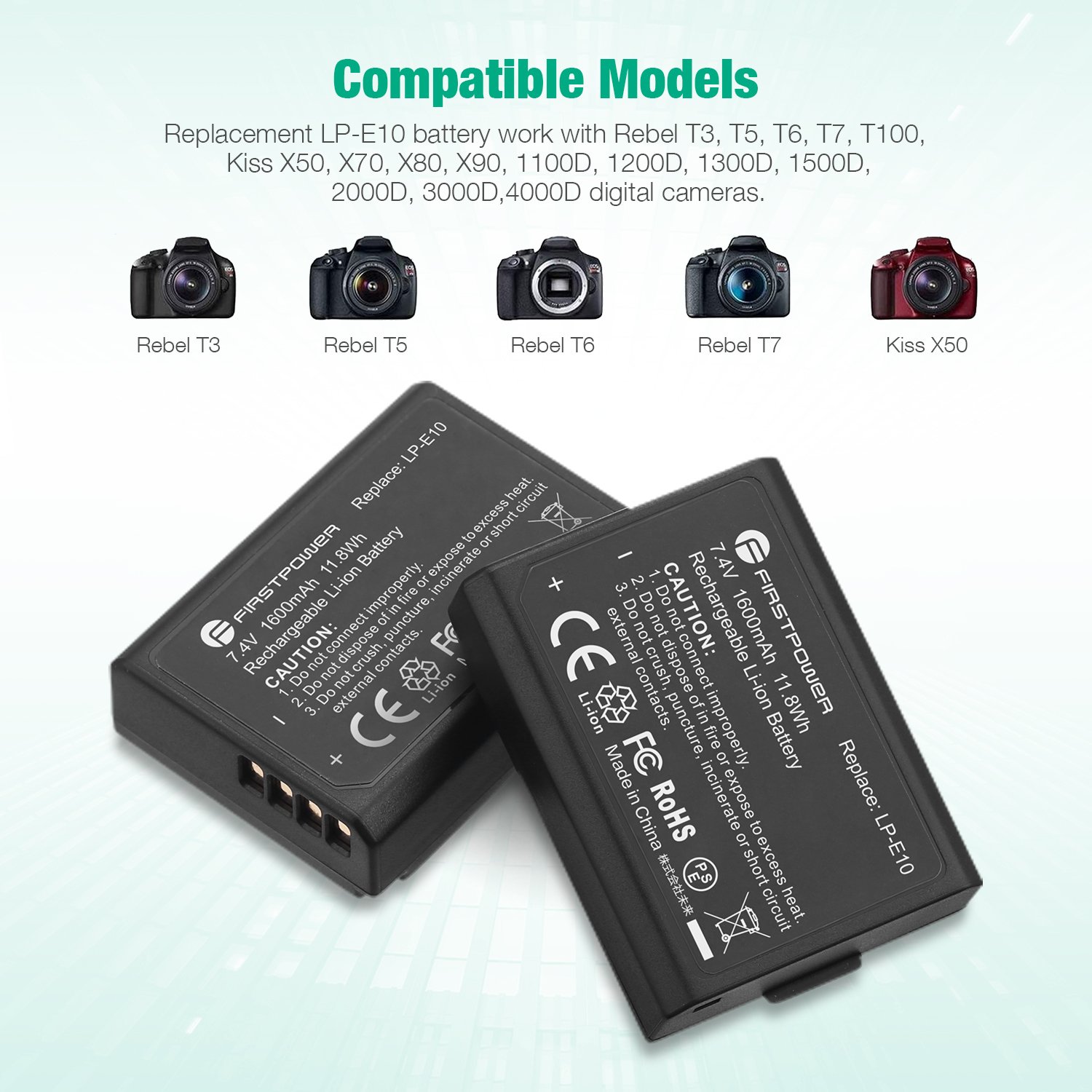 Powerextra Rechargeable Camera LPE10 Battery 1600mAh 7.4v Li ion Digital Camera Batteries For Canon