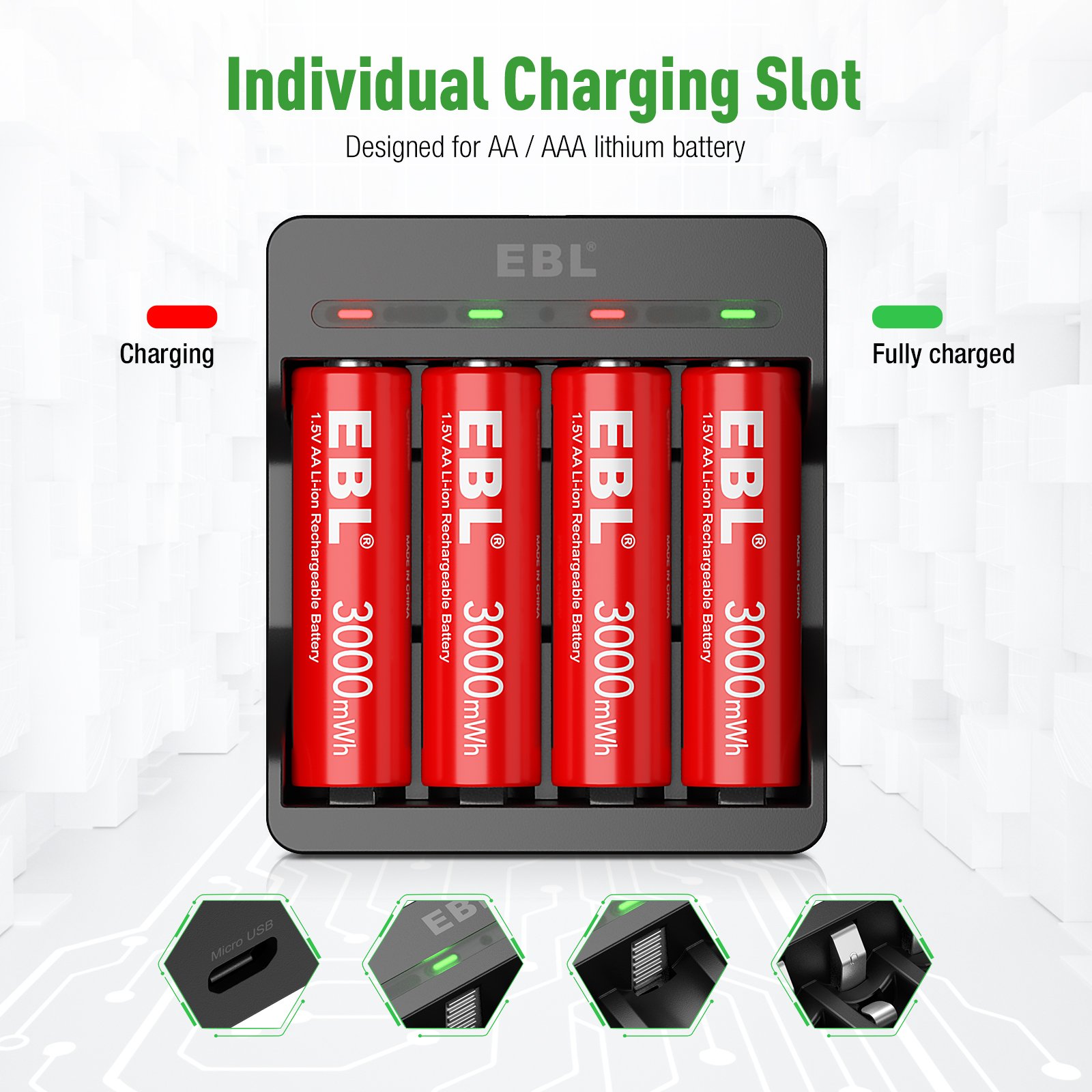 EBL Wholesale 1.5V AA Battery Rechargeable Li-ion Battery With Charger