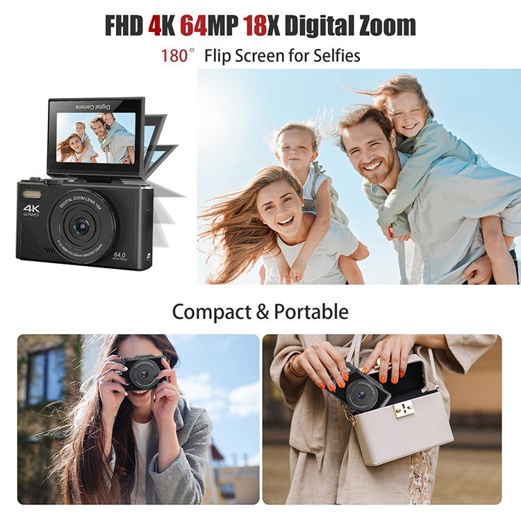 FHD 4K Digital Camera 64MP 3" 180 degree LCD flip screen Point and Shoot Camera with 18X Zoom Anti-Shake Cameras for Kids
