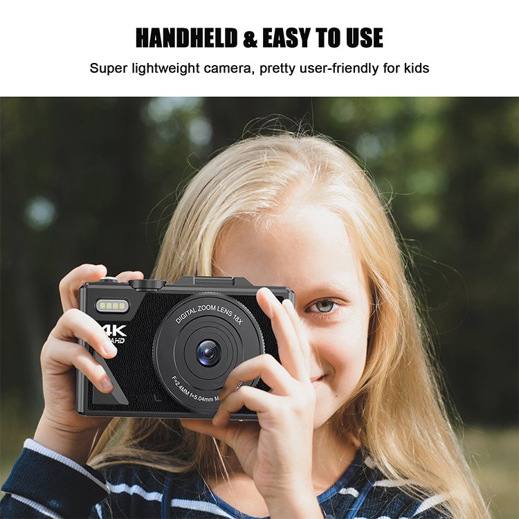 FHD 4K Digital Camera 64MP 3" 180 degree LCD flip screen Point and Shoot Camera with 18X Zoom Anti-Shake Cameras for Kids