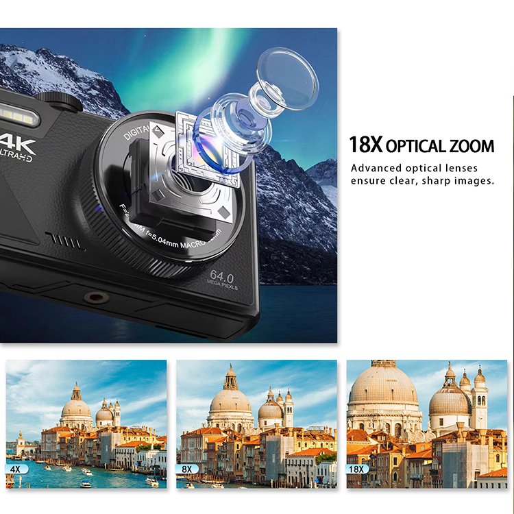 FHD 4K Digital Camera 64MP 3" 180 degree LCD flip screen Point and Shoot Camera with 18X Zoom Anti-Shake Cameras for Kids