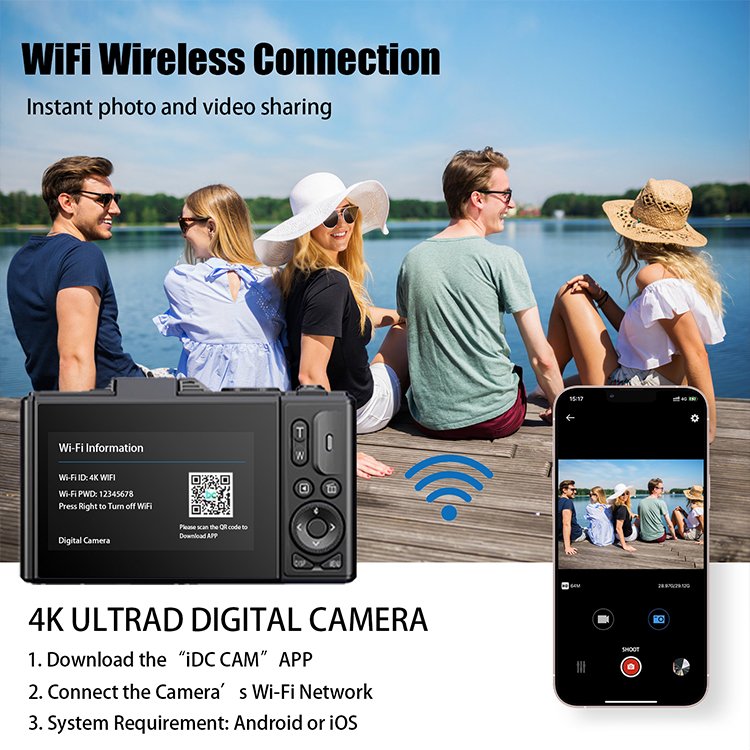 FHD 4K Digital Camera 64MP 3" 180 degree LCD flip screen Point and Shoot Camera with 18X Zoom Anti-Shake Cameras for Kids