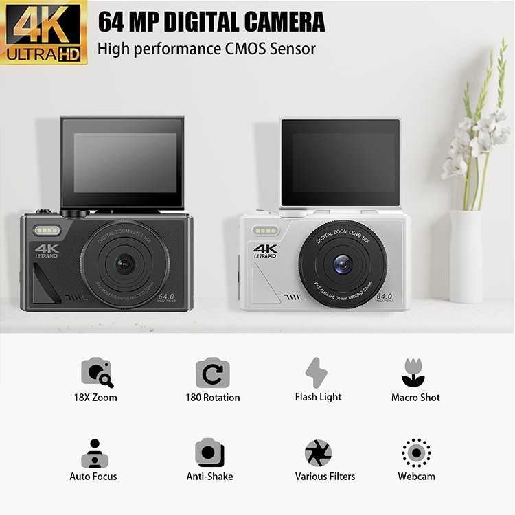 FHD 4K Digital Camera 64MP 3" 180 degree LCD flip screen Point and Shoot Camera with 18X Zoom Anti-Shake Cameras for Kids
