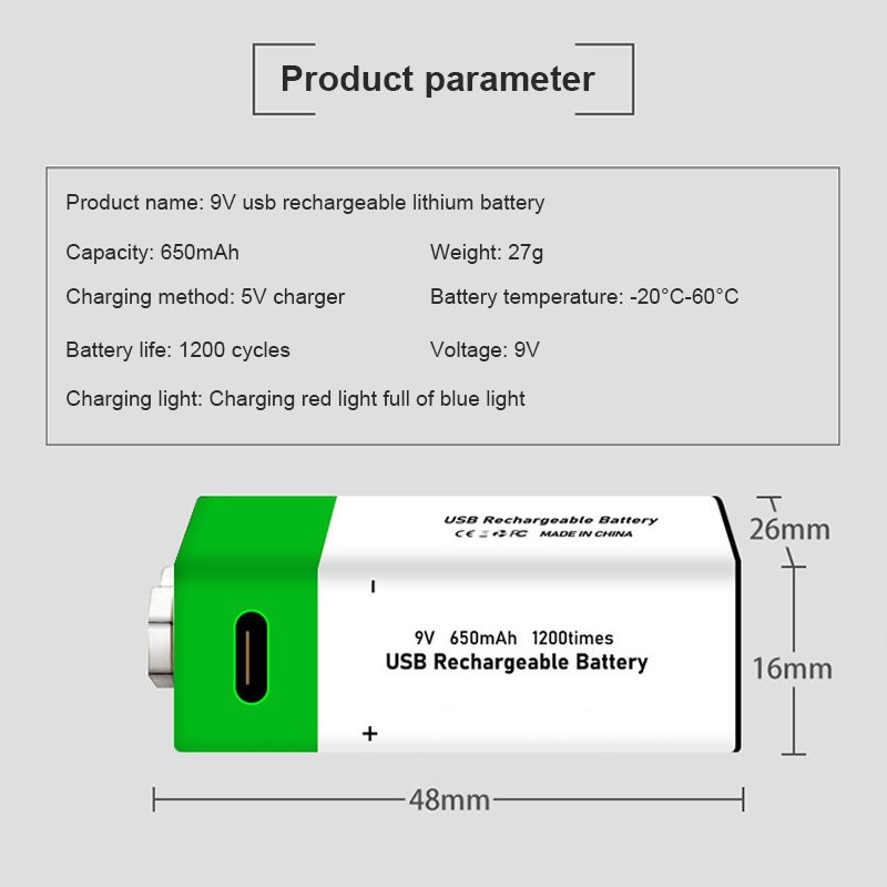 Multi-function Portable USB Rechargeable Battery 650mAh 9V Lithium-Ion Battery Type-C Charging For Home