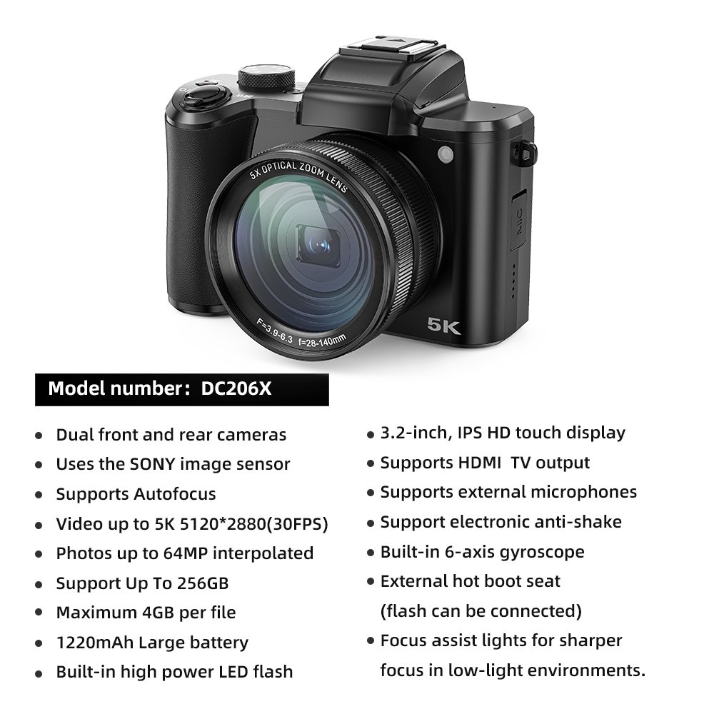 Professional video shooting optical digital camera 64MP 3.2-inch wifi 5k retro camera, suitable for YouTube digital DSLR