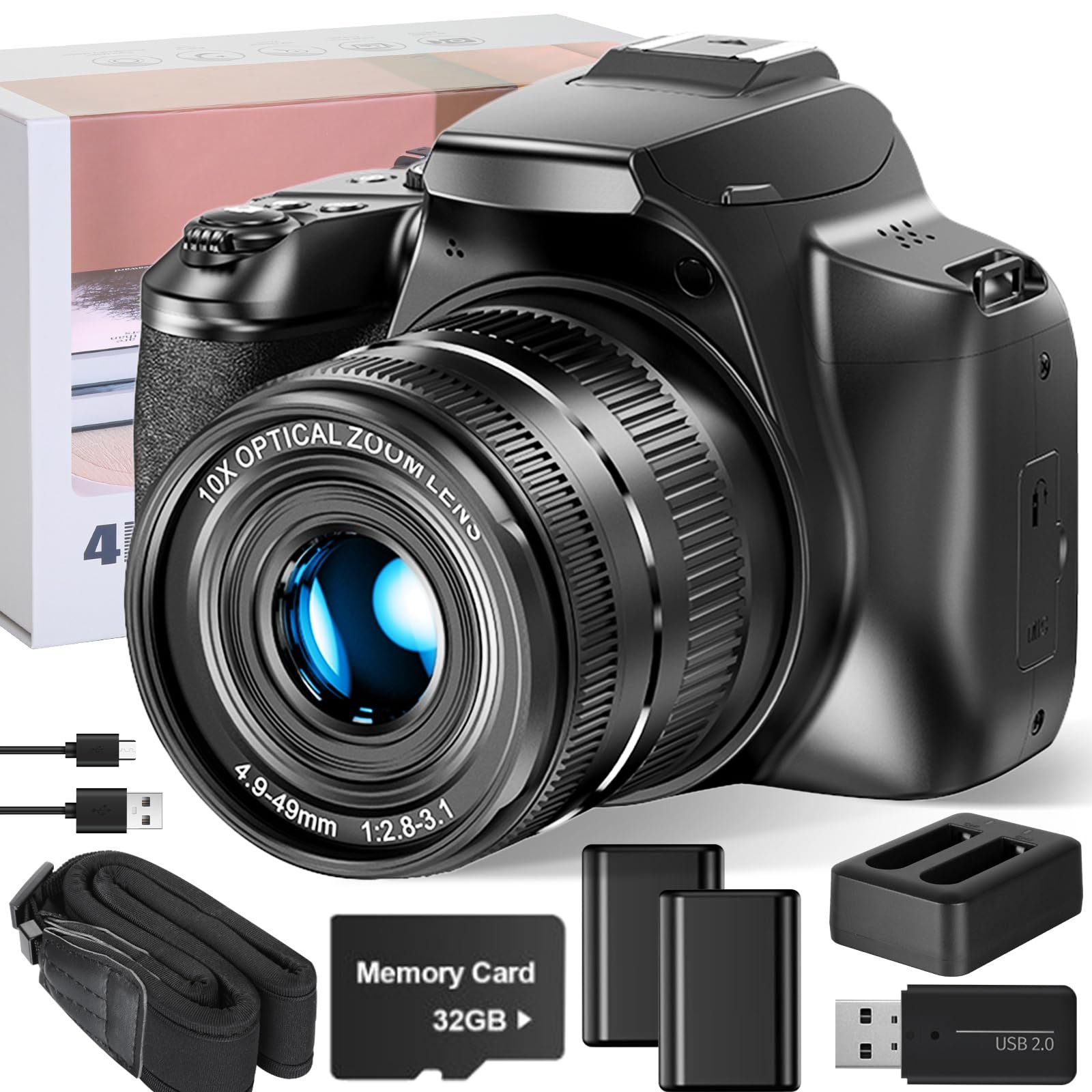 Digital Camera, 4k & 64MP Photography Camera, Video Camera, 40X Zoom Vlogging Camera for YouTube, with Flash