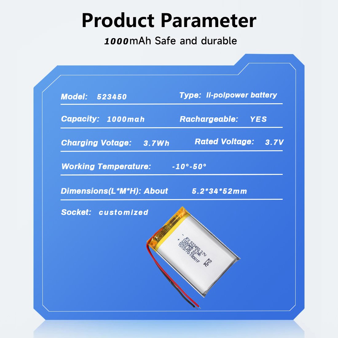 OEM 523450 1000mAh 3.7v Small li-polymer battery 3.7v 500mah rechargeable lithium battery for wireless earbuds GPS