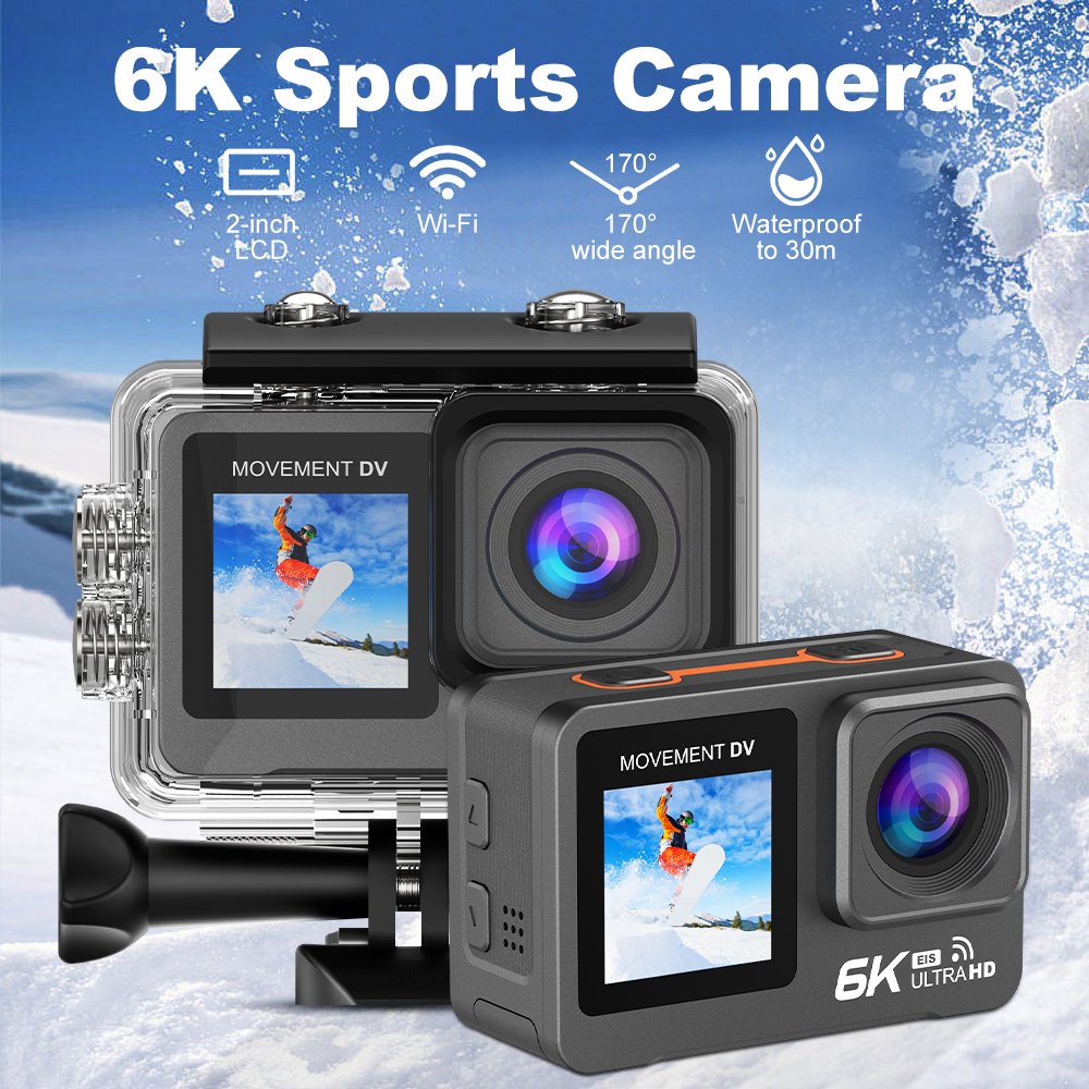 6K Sport Action Camera 30M Waterproof 2.0+1.3'' Dual LCD Screen 4X Zoom with Wifi Connection EIS Anti-shake Outdoor Camera