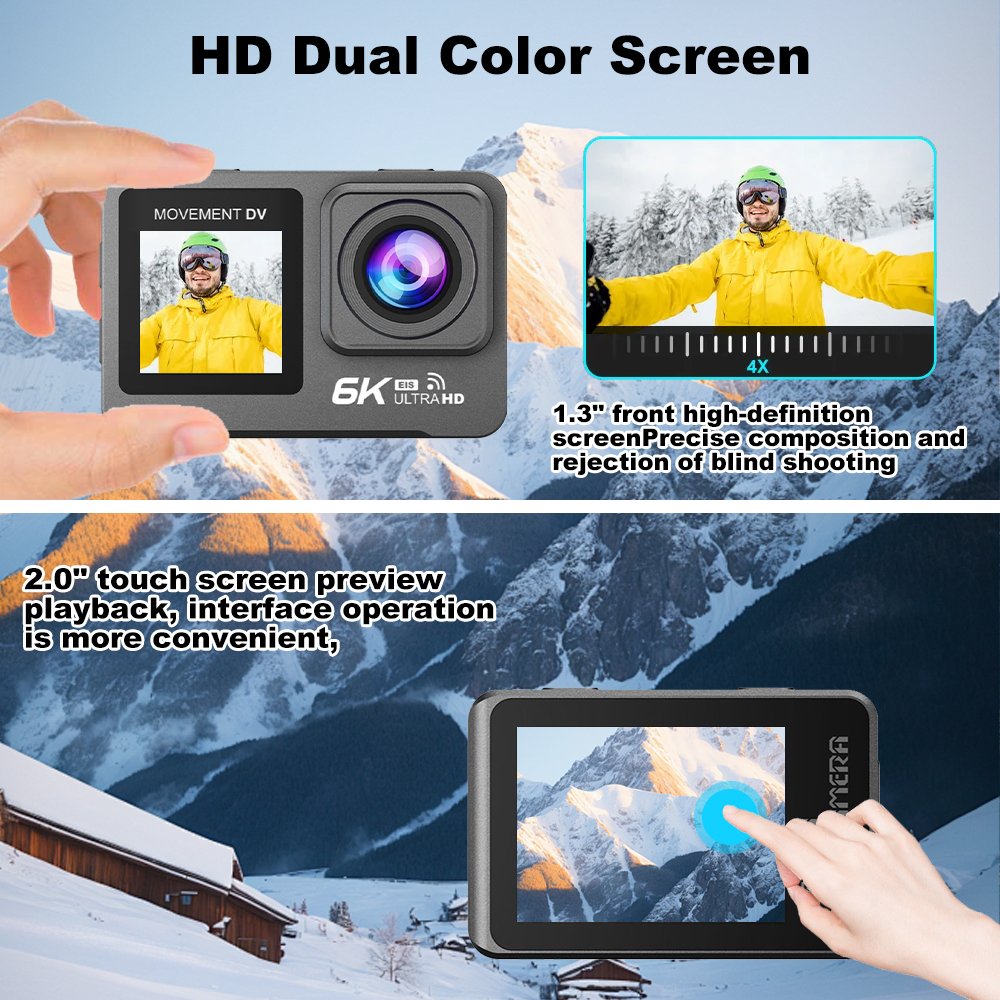 6K Sport Action Camera 30M Waterproof 2.0+1.3'' Dual LCD Screen 4X Zoom with Wifi Connection EIS Anti-shake Outdoor Camera