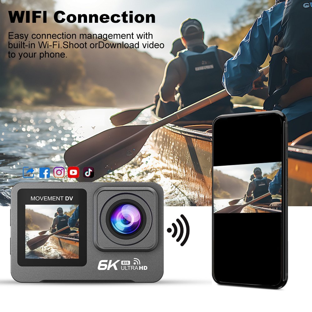 6K Sport Action Camera 30M Waterproof 2.0+1.3'' Dual LCD Screen 4X Zoom with Wifi Connection EIS Anti-shake Outdoor Camera